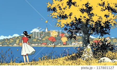 水辺の紅葉の小径を散策している若い女性