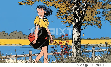 水辺の紅葉の小径を散策している若い女性