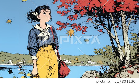 水辺の紅葉の小径を散策している若い女性