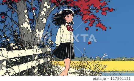 水辺の紅葉の小径を散策している若い女性