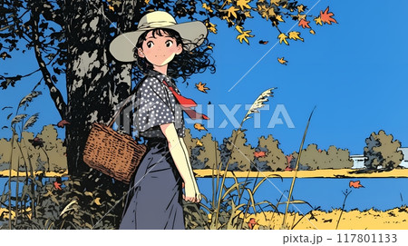水辺の紅葉の小径を散策している若い女性