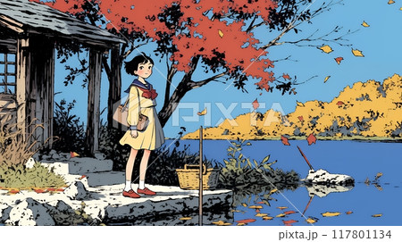 水辺の紅葉の小径を散策している若い女性