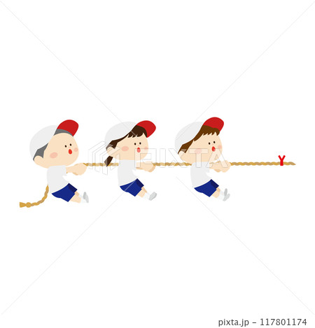 綱引きをしている可愛い白い帽子の子供たち 117801174