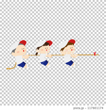 綱引きをしている可愛い白い帽子の子供たち 117801174