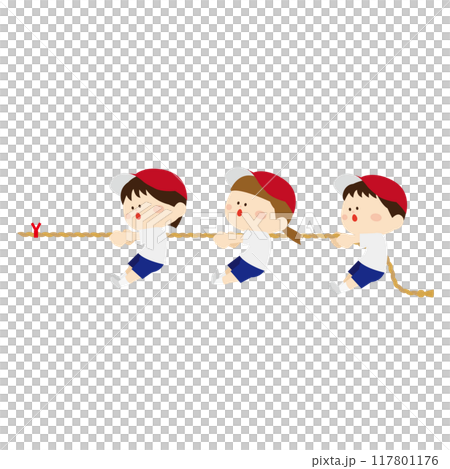 Cute kids in red hats playing tug of war 117801176