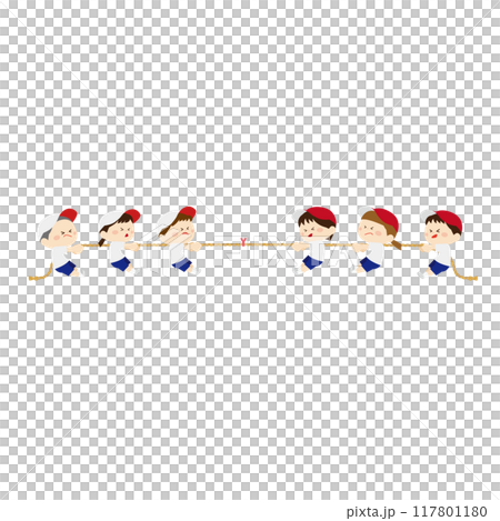戴著紅白帽子的可愛孩子們在玩拔河 117801180
