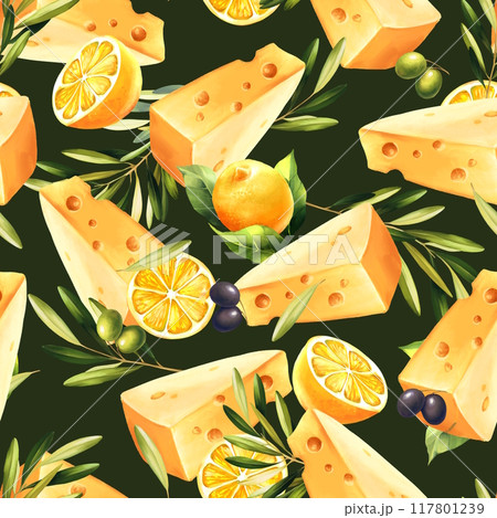 Dark kitchen pattern with cheese, lemons and olives. Seamless cooking background. Hand drawn 117801239