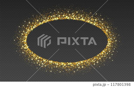 Golden glitter frame, shimmering border in oval shape, festive holiday sparkles. Christmas decoration. 117801398