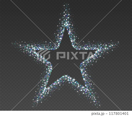 Golden glitter frame, shimmering border in star shape, festive holiday sparkles. Christmas decoration. 117801401