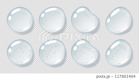Serum drops, clear gel droplets, realistic glossy liquid, moisturizing cosmetic product, hyaluronic acid concept. 117801404