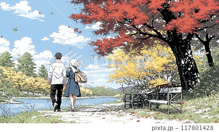 水辺の紅葉の小径でデートしている若いカップル