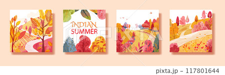 Set with landscapes. Indian summer. Hand drawn. Sun over the river. Fields on the hills. Print on Print, invitations or poster. Sale flyer. Vector Set with landscapes. Indian summer. Hand drawn. Sun over the river. Fields on the hills. Print on Print, invitations or poster. Sale flyer. Vector 117801644