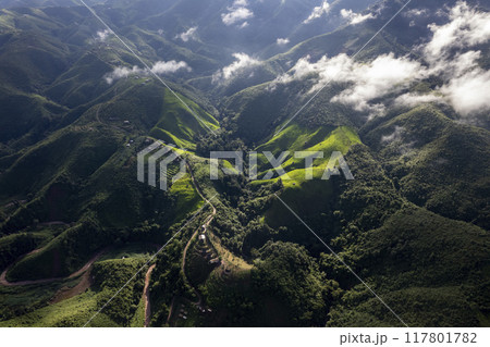 Landscape of Morning Mist with Mountain Layer at north of Thailand. mountain ridge and clouds in rural jungle bush forest Landscape of Morning Mist with Mountain Layer at north of Thailand. mountain ridge and clouds in rural jungle bush forest 117801782