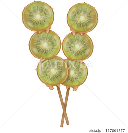 Kiwi tanghulu candied coating syrup of Chinese snacks fruits,Sweet dessert skewer hand drawn illustrations. Kiwi tanghulu candied coating syrup of Chinese snacks fruits,Sweet dessert skewer hand drawn illustrations. 117801877