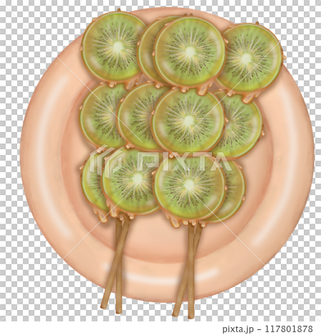Kiwi tanghulu candied coating syrup of Chinese snacks fruits,Sweet dessert skewer hand drawn illustrations. Kiwi tanghulu candied coating syrup of Chinese snacks fruits,Sweet dessert skewer hand drawn illustrations. 117801878