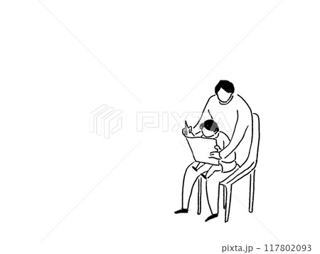 小さい子供と一緒に本を読む父親、線画 117802093