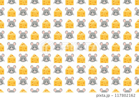 かわいいネズミの顔とチーズのシームレスパターン、白背景 117802162