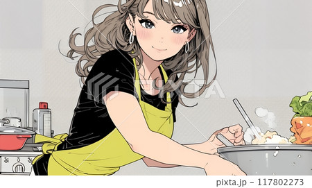 なれない料理に奮闘中の若い女性