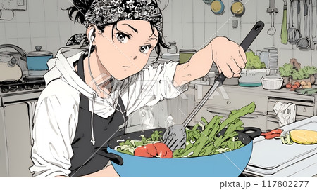 なれない料理に奮闘中の若い女性