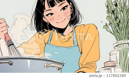 なれない料理に奮闘中の若い女性