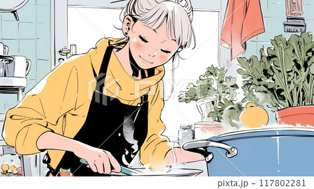 なれない料理に奮闘中の若い女性