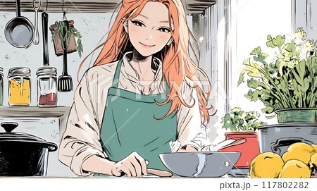 なれない料理に奮闘中の若い女性