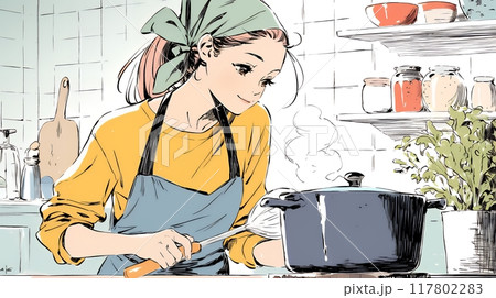 なれない料理に奮闘中の若い女性