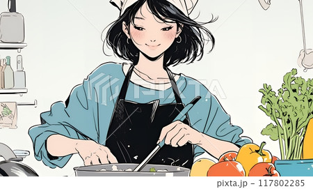 なれない料理に奮闘中の若い女性