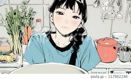 なれない料理に奮闘中の若い女性