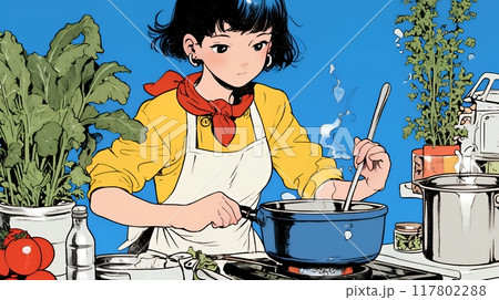 なれない料理に奮闘中の若い女性