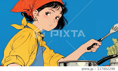 なれない料理に奮闘中の若い女性