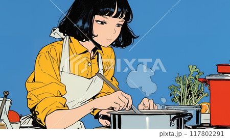 なれない料理に奮闘中の若い女性