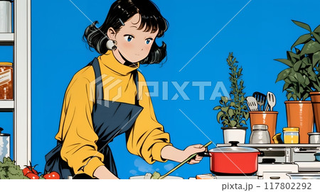 なれない料理に奮闘中の若い女性