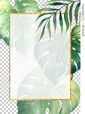 Golden rectangular frame with green tropical palm and monstera leaves illustration. Elegant element for wedding design, greeting cards and crafting, place for text 117802401