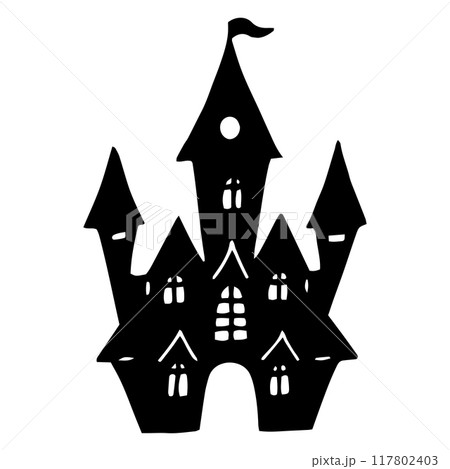 Haunted house silhouette. Black and white outline drawing for Halloween. Hand drawn isolated graphic clipart. Line sketch with mansion for creepy decor and invitation design. Doodle style 117802403