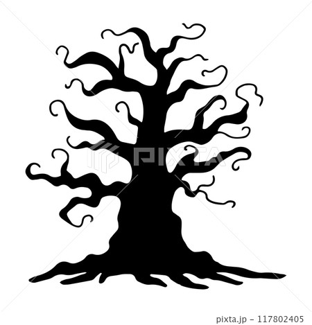 Silhouette of gnarled dry tree with curved branches. Black outline drawing for Halloween. Hand drawn isolated graphic clipart. Line sketch with twisted trunk for creepy decor and design. Doodle style Silhouette of gnarled dry tree with curved branches. Black outline drawing for Halloween. Hand drawn isolated graphic clipart. Line sketch with twisted trunk for creepy decor and design. Doodle style 117802405