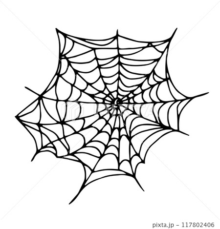 Halloween spider web line drawing. Silhouette of curved threads. Hand drawn isolated graphic clipart. Black outline art in Doodle style. Liner illustration of spider web for creepy decor and design 117802406