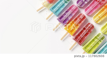 Banner with Colorful Assorted Popsicles in a Row on a White Background with Sprinkles 117802608