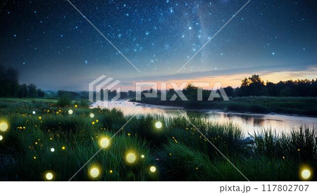 川辺の夜と星空と蛍の光	 117802707