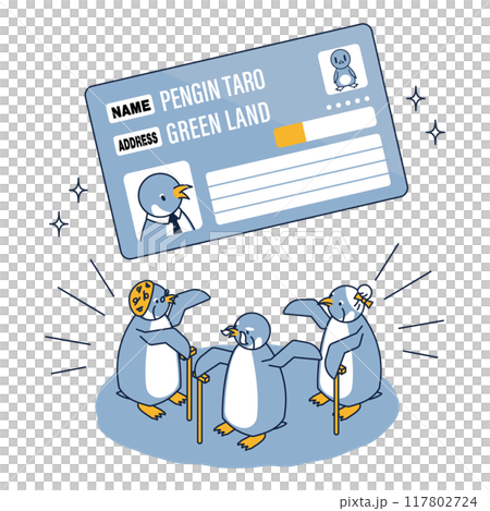 Isometric illustration of an elderly penguin using his My Number card insurance card 117802724