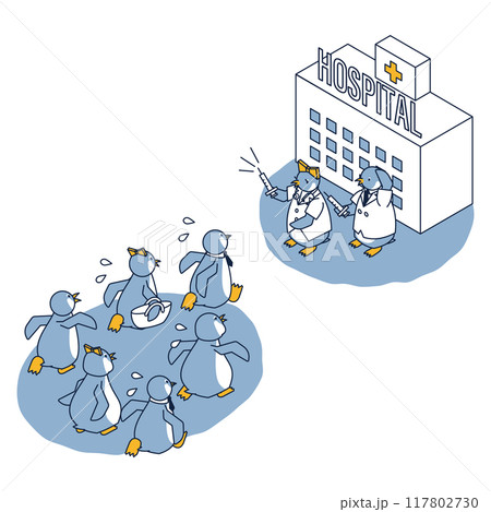 病院でのワクチン接種にかけ込むペンギンのアイソメ 117802730