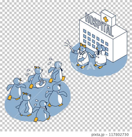 病院でのワクチン接種にかけ込むペンギンのアイソメ 117802730