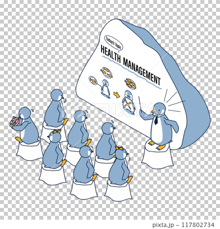 一隻企鵝專心聆聽健康管理研討會的等距圖 117802734