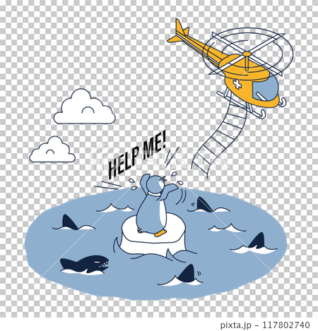 Isometric illustration of a penguin surrounded by dangerous sharks and asking for help from a helicopter Isometric illustration of a penguin surrounded by dangerous sharks and asking for help from a helicopter 117802740
