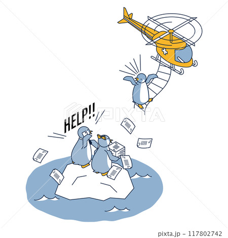 バックオフィス業務が効率化されていないため助けを求めるペンギンとヘリコプターでかけつけたペンギンのア バックオフィス業務が効率化されていないため助けを求めるペンギンとヘリコプターでかけつけたペンギンのア 117802742