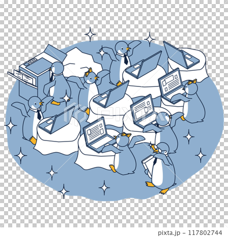 企鵝在乾淨的辦公室工作的等距圖，DX 簡化了業務環境 117802744