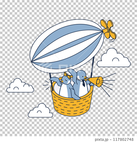 Isometric illustration of male and female penguins calling out with a megaphone from an airship 117802748