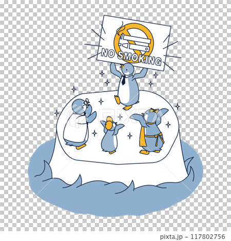 Isometric illustration of a penguin who successfully quit smoking and his doctor and family who are happy about it 117802756
