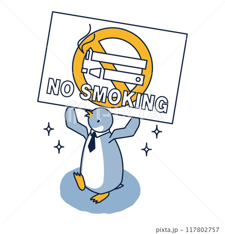 禁煙のプラカードをかかげるペンギンのアイソメ 117802757