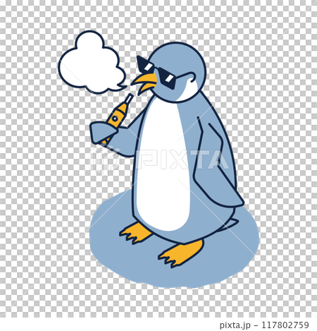 Isometric illustration of a slightly naughty penguin smoking a heated electronic cigarette 117802759